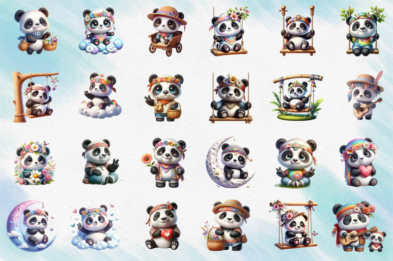 Hippie Cute Panda Clipart Bundle - CraftNest - Digital Crafting and Art