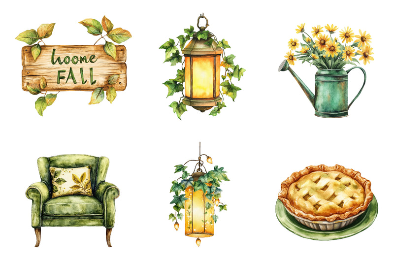 Yellow & Green Autumn Cottage Clipart Bundle - CraftNest - Digital Crafting and Art