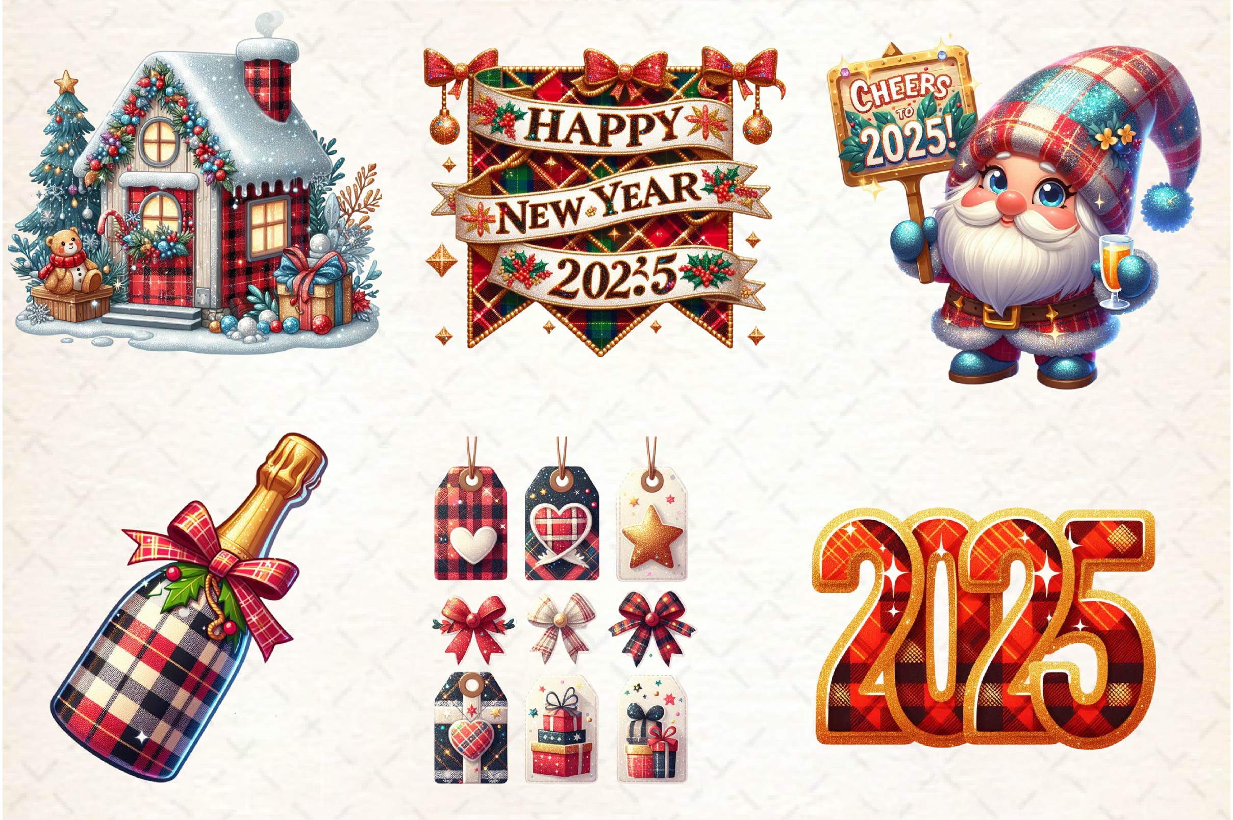 Glittery Plaid New Year 2025 Clipart Bundle - CraftNest - Digital Crafting and Art