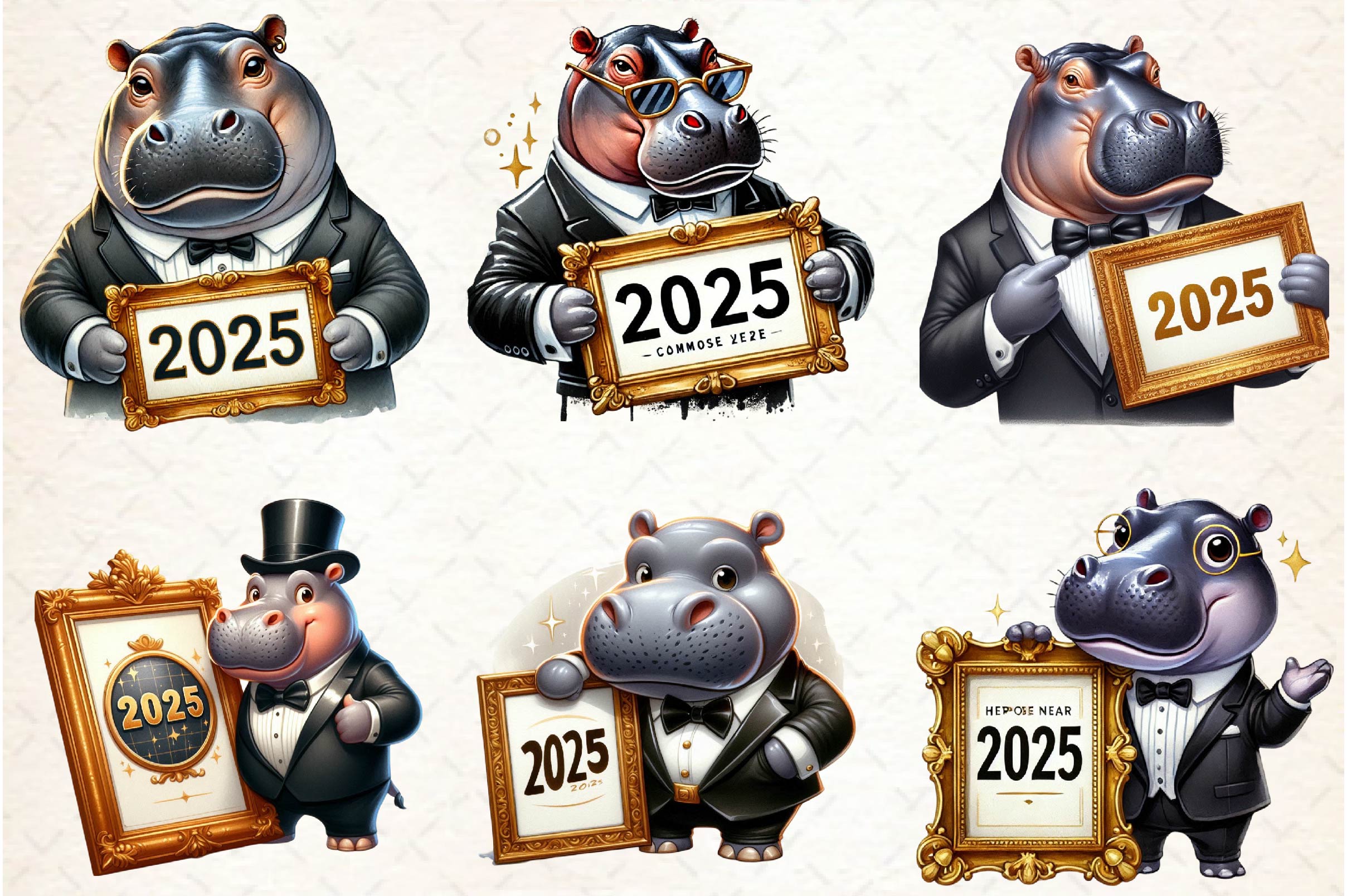 Hippo Happy New Year 2025 Clipart Bundle - CraftNest - Digital Crafting and Art