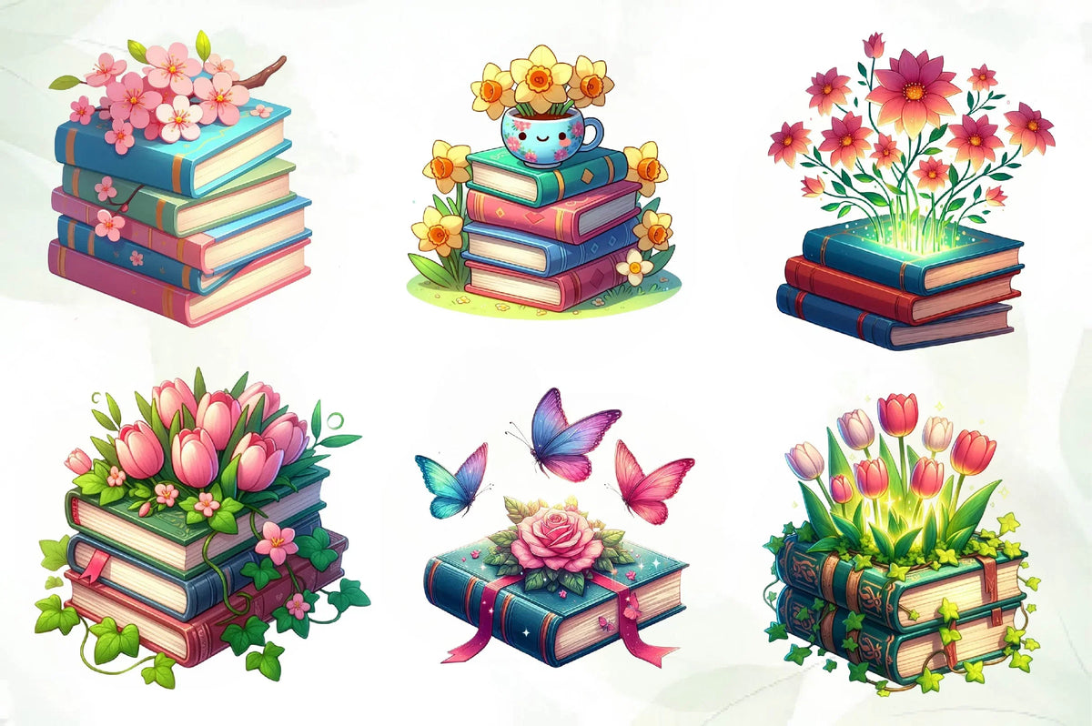 Spring Book Stack Spring Floral Book Stack Clipart Bundle
