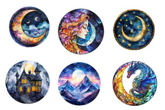 Round Moonlit Nights Stained Glass Clipart Bundle - CraftNest - Digital Crafting and Art