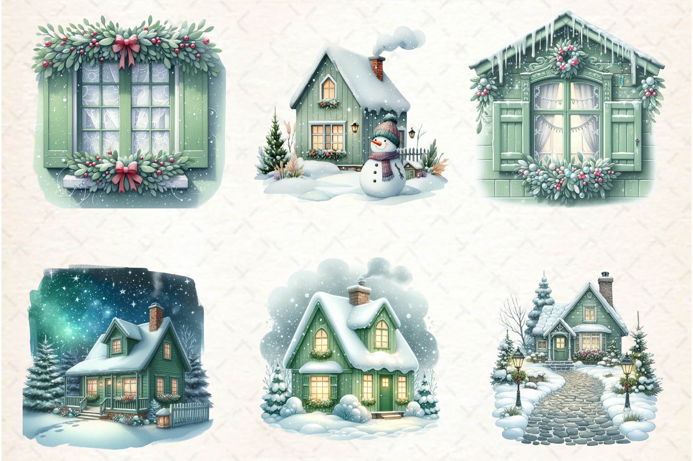 Sage Green Winter Cottage Clipart Bundle - CraftNest - Digital Crafting and Art