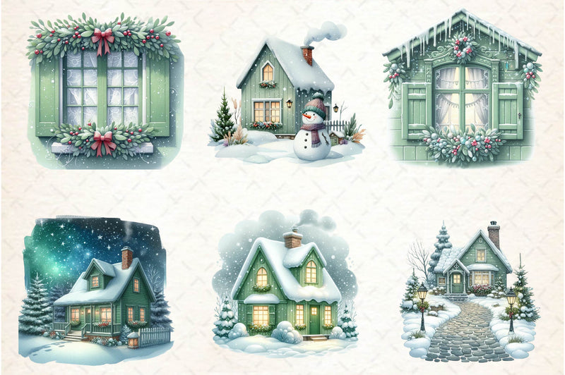Sage Green Winter Cottage Clipart Bundle - CraftNest - Digital Crafting and Art