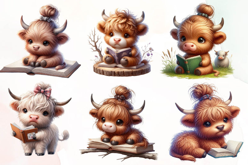 Highland Cow Reading A Book Clipart Bundle - CraftNest - Digital Crafting and Art