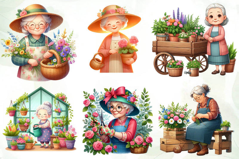 Gardening Grandma With Flowers Clipart Bundle - CraftNest - Digital Crafting and Art