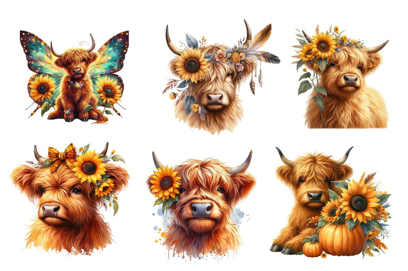 Sunflower Highland Cow Clipart Bundle - CraftNest - Digital Crafting and Art