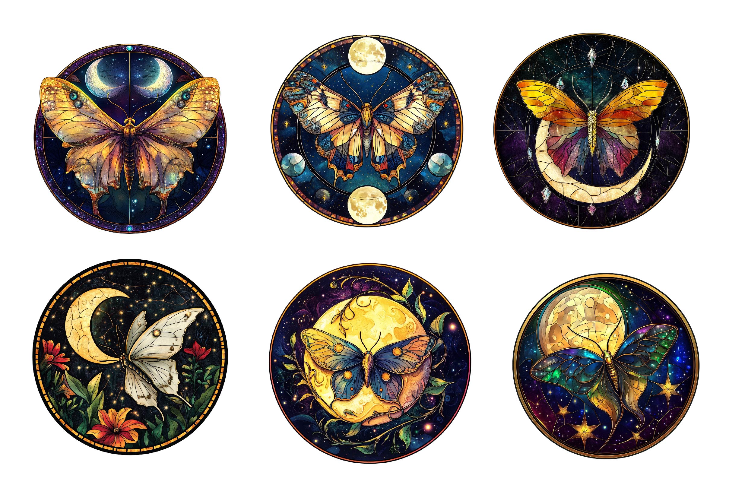 Lunar Moth And Moon Round Stained Glass Clipart Bundle - CraftNest - Digital Crafting and Art