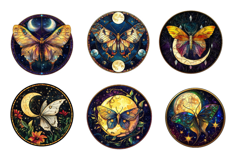 Lunar Moth And Moon Round Stained Glass Clipart Bundle - CraftNest - Digital Crafting and Art