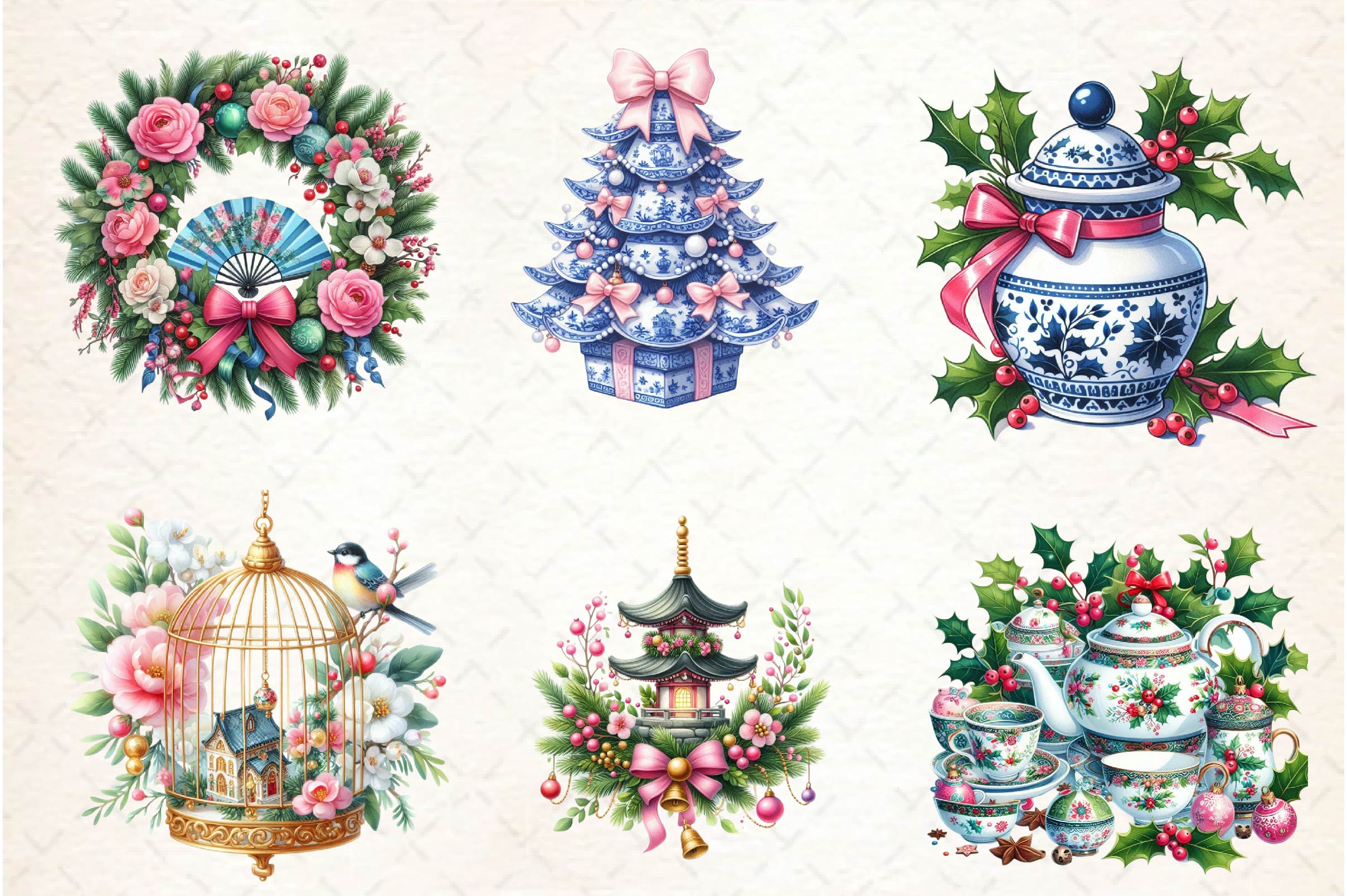 Coquette Chinoiserie Christmas Clipart Bundle - CraftNest - Digital Crafting and Art
