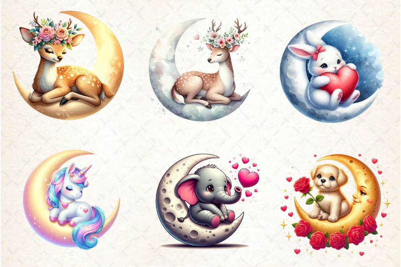 Valentine Animal On Moon Clipart Bundle - CraftNest - Digital Crafting and Art