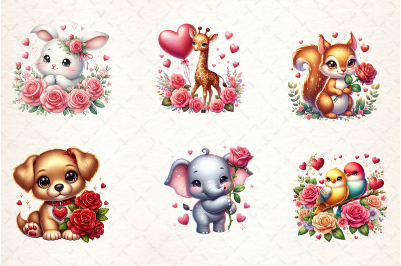 Valentine Animals With Roses Clipart Bundle - CraftNest - Digital Crafting and Art