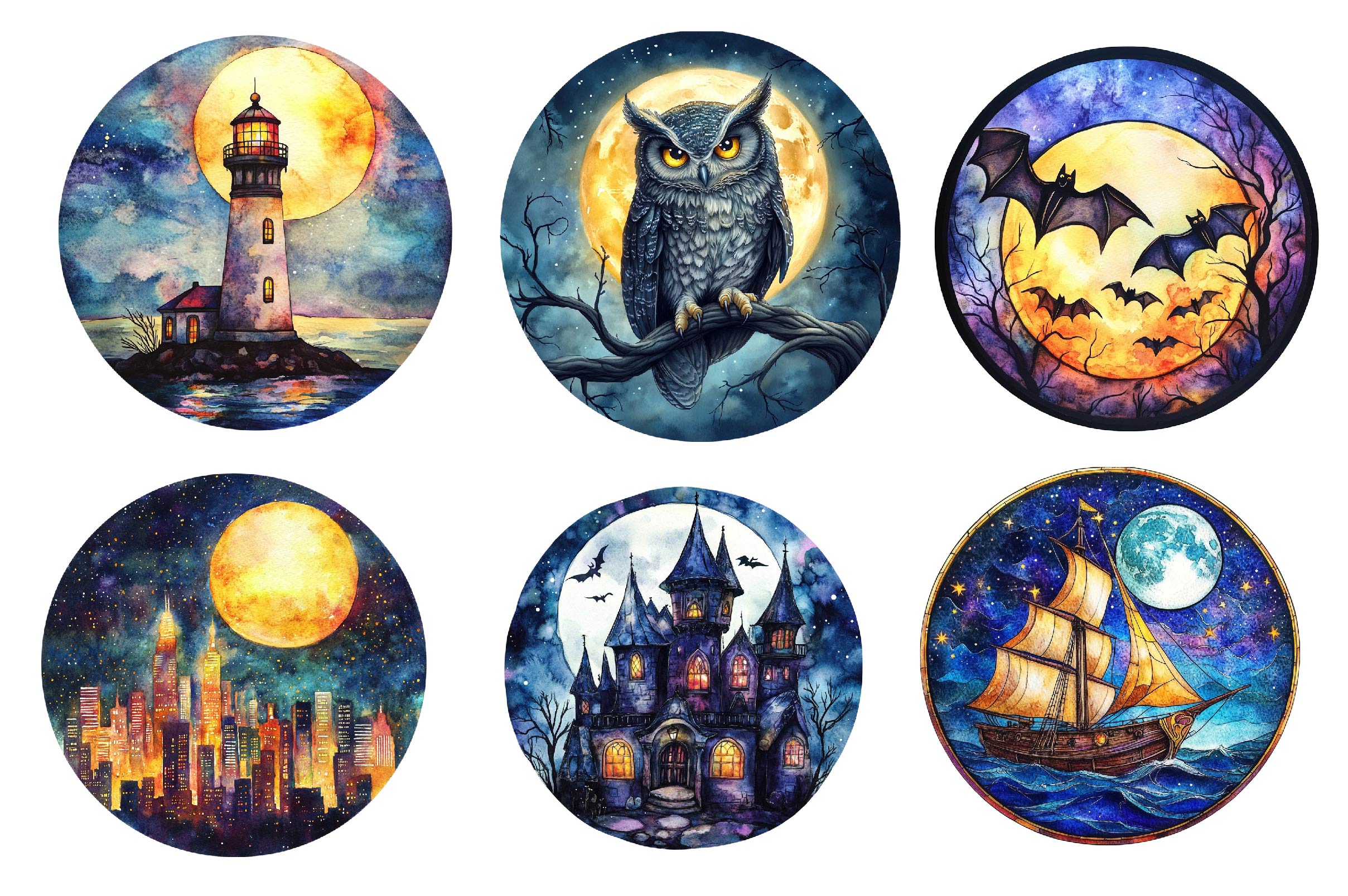 Round Moonlit Nights Stained Glass Clipart Bundle - CraftNest - Digital Crafting and Art