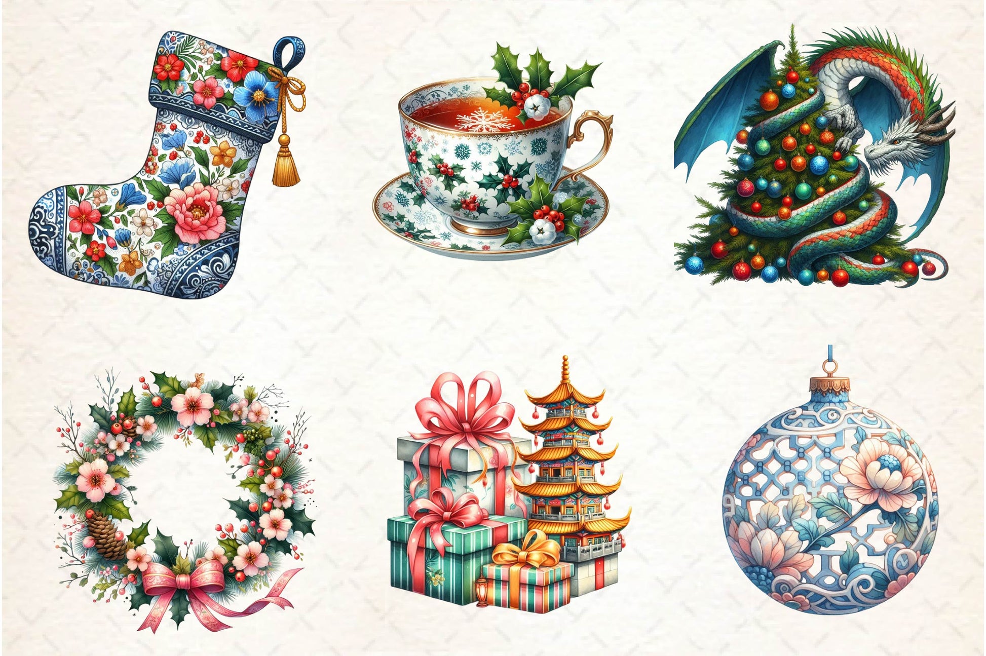 Chinoiserie Christmas Clipart Bundle - CraftNest - Digital Crafting and Art