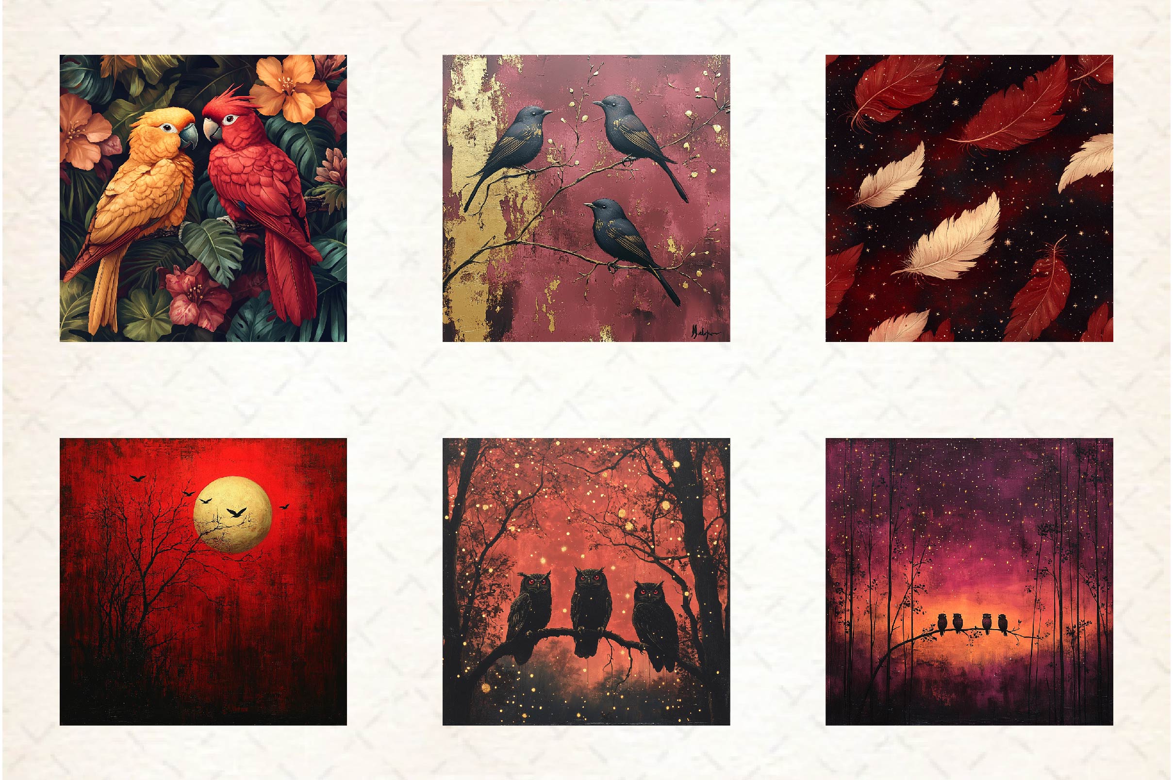 Burgundy Night Birds Backgrounds Clipart Bundle - CraftNest - Digital Crafting and Art
