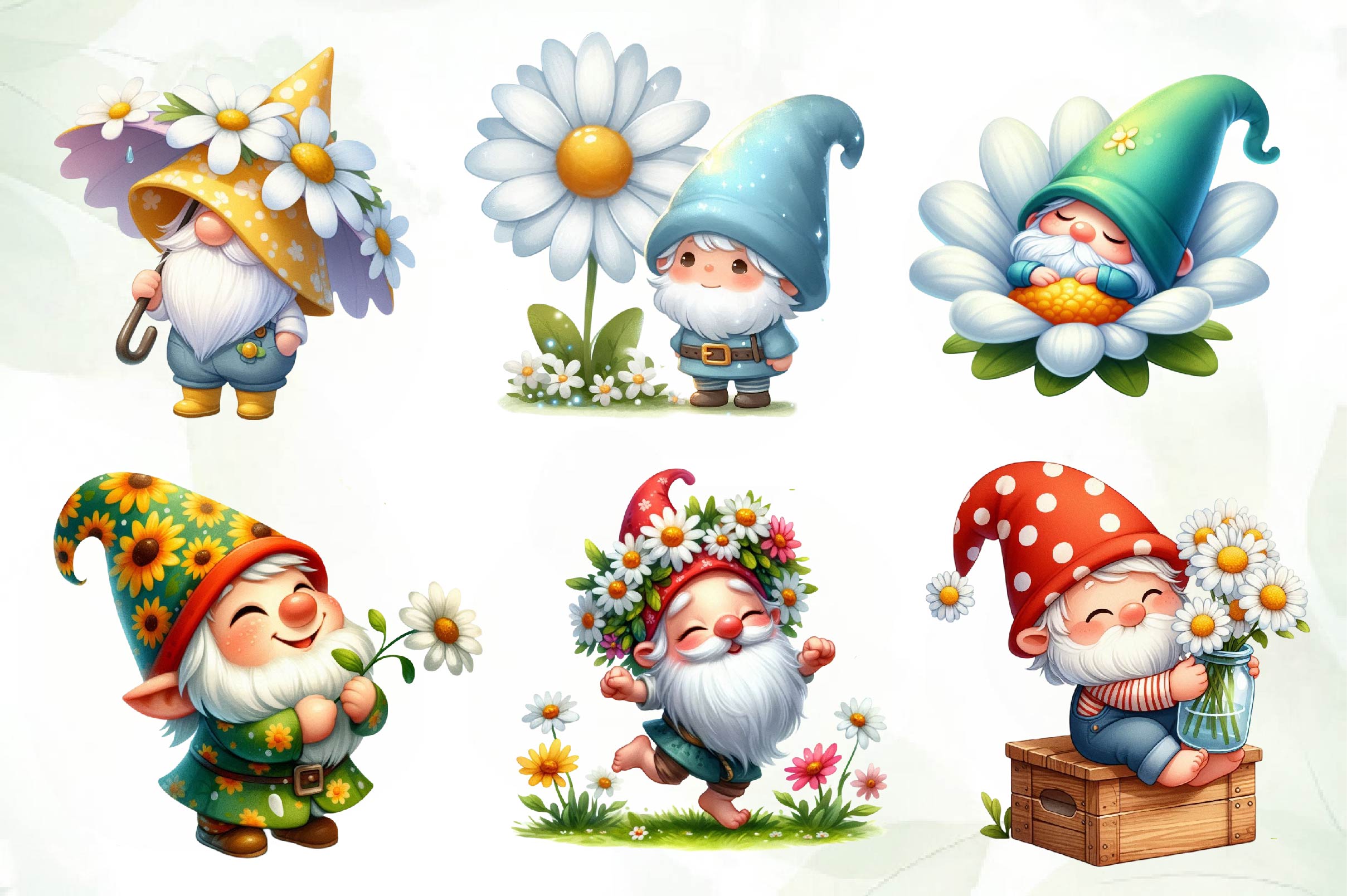 Cute Spring Gnome Daisy Flower Clipart Bundle - CraftNest - Digital Crafting and Art