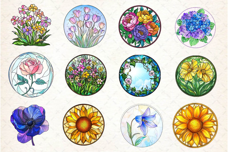 Round Stained Glass Spring Little Flower Clipart Bundle - CraftNest - Digital Crafting and Art