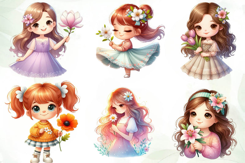 Spring Girl Holding Flower Clipart Bundle - CraftNest - Digital Crafting and Art