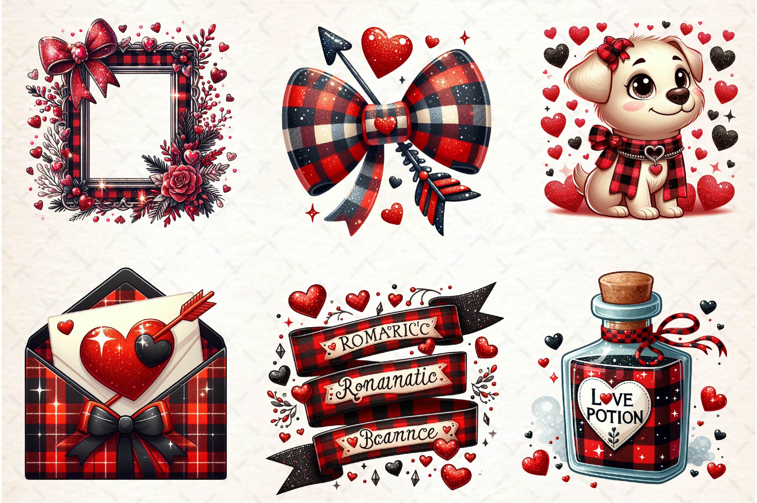 Red & Black Glitter Plaid Valentine Clipart Bundle - CraftNest - Digital Crafting and Art