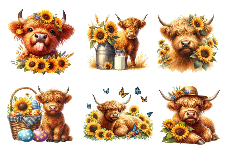 Sunflower Highland Cow Clipart Bundle - CraftNest - Digital Crafting and Art