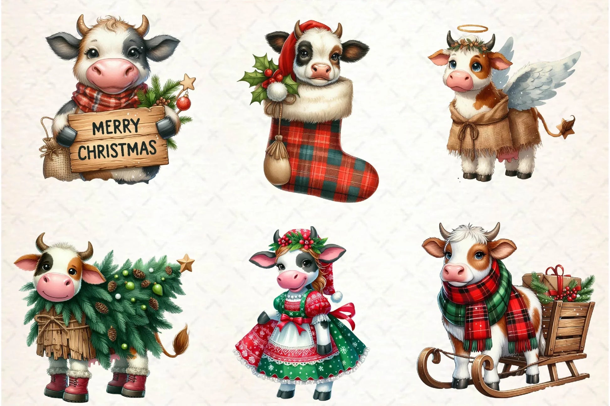 Old Rustic Christmas Cow Clipart Bundle - CraftNest - Digital Crafting and Art
