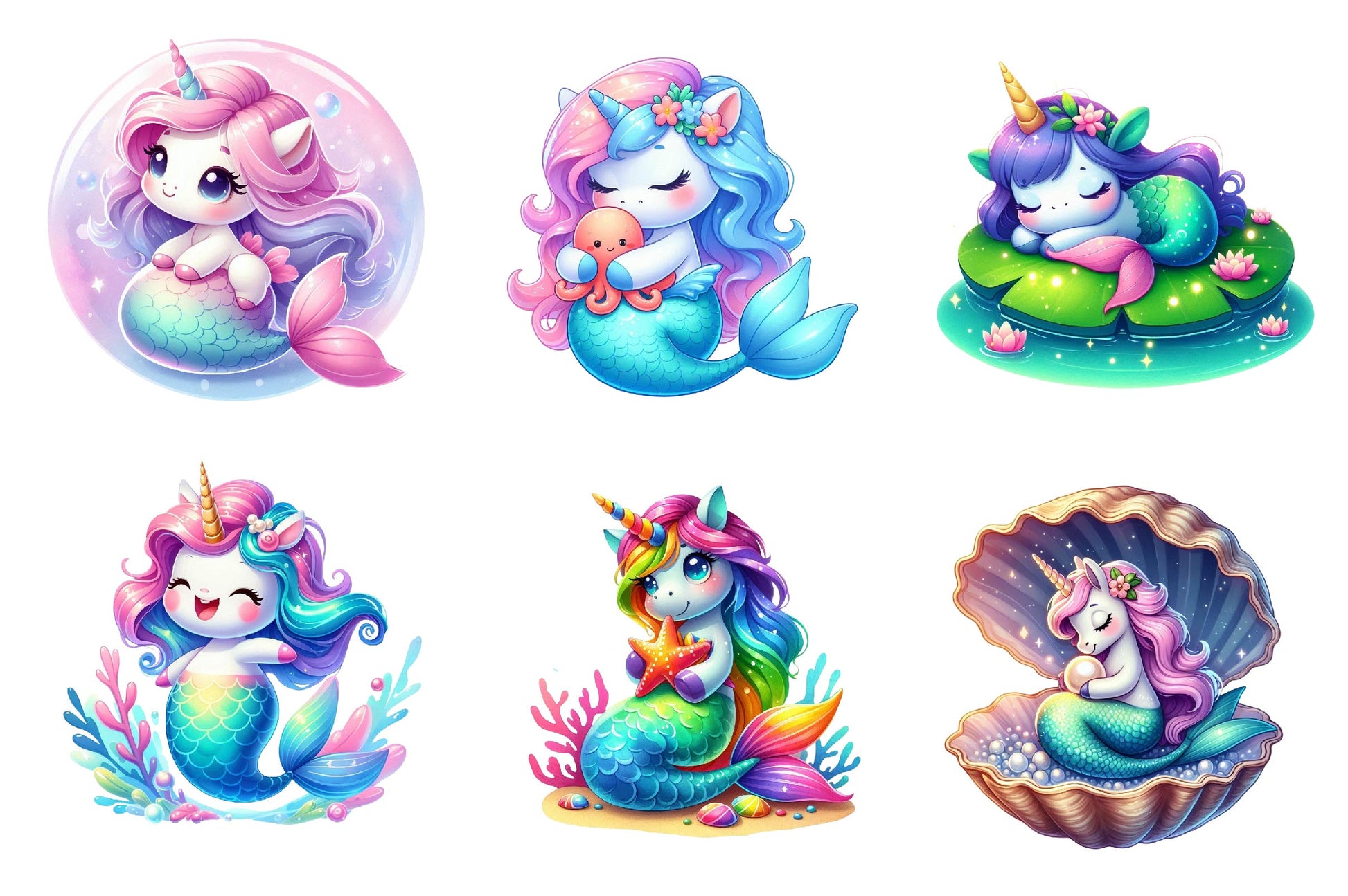Cute Unicorn With Mermaid Clipart Bundle - CraftNest - Digital Crafting and Art