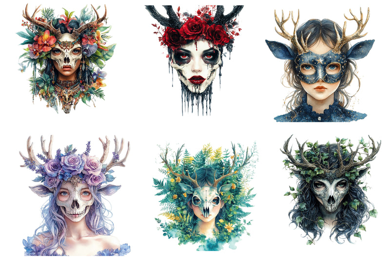 Deer Skull Mask Girls Clipart Bundle - CraftNest - Digital Crafting and Art