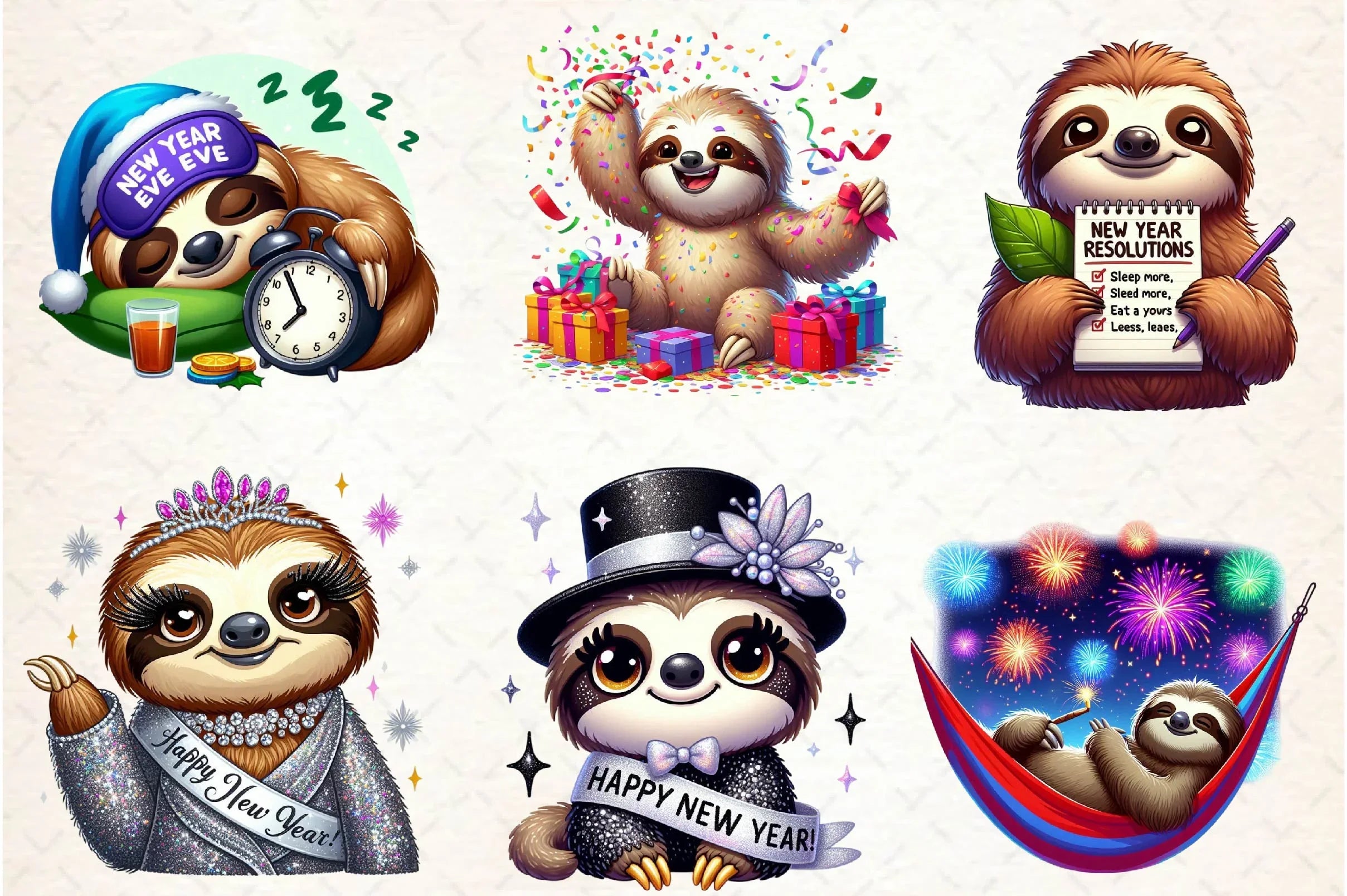 Happy New Year Sloth Clipart Bundle - CraftNest - Digital Crafting and Art