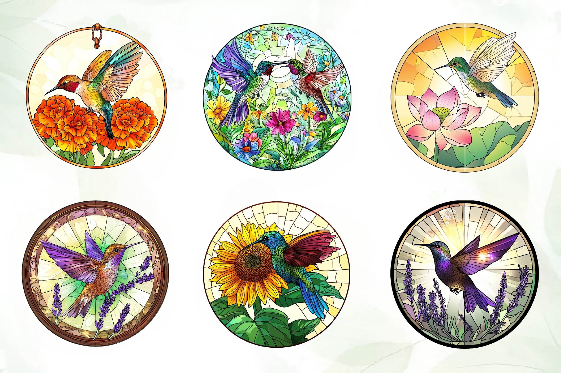 Hummingbird & Flowers Round Stained Glass Art Clipart Bundle - CraftNest - Digital Crafting and Art