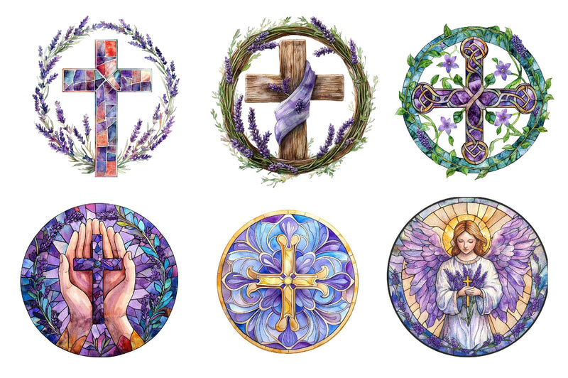 Round Lavender Blessing & Cross Stained Glass Clipart Bundle - CraftNest - Digital Crafting and Art