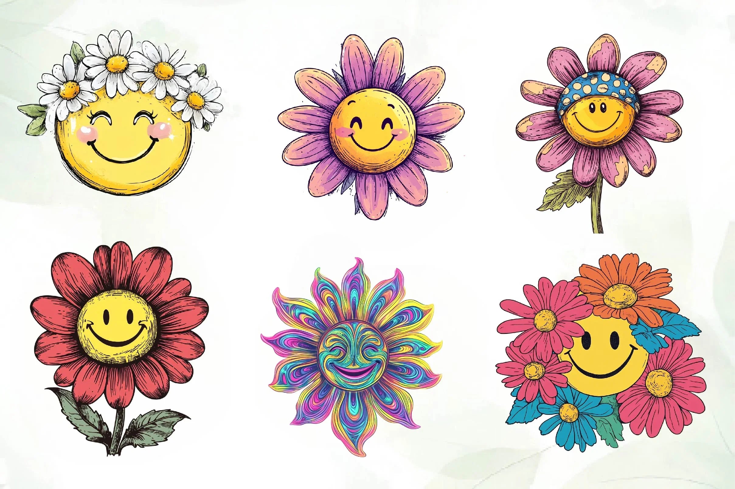 Retro Happy Face Floral Clipart Bundle - CraftNest - Digital Crafting and Art