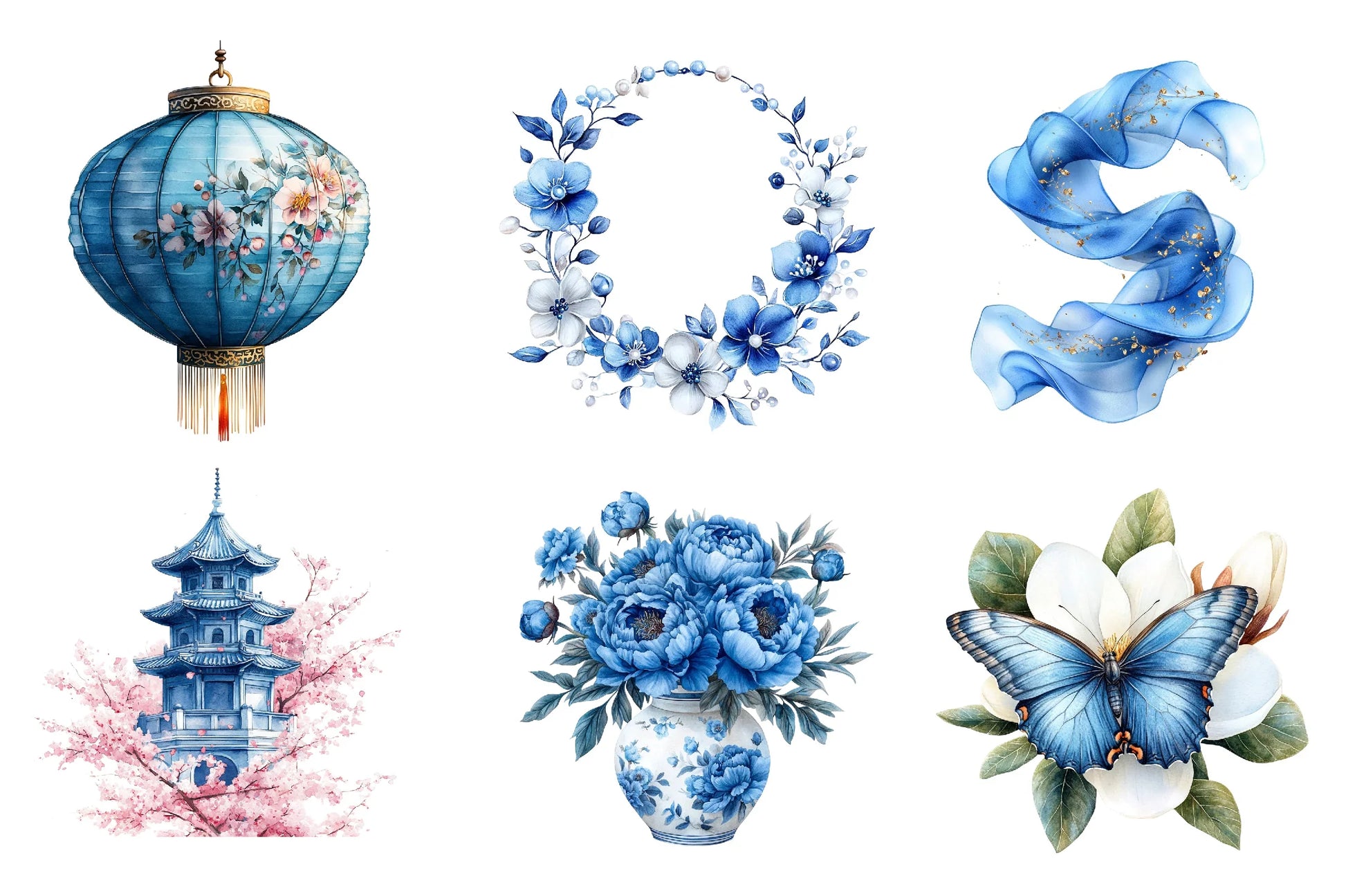 Blue Chinoiserie Summer Clipart Bundle 2 - CraftNest - Digital Crafting and Art