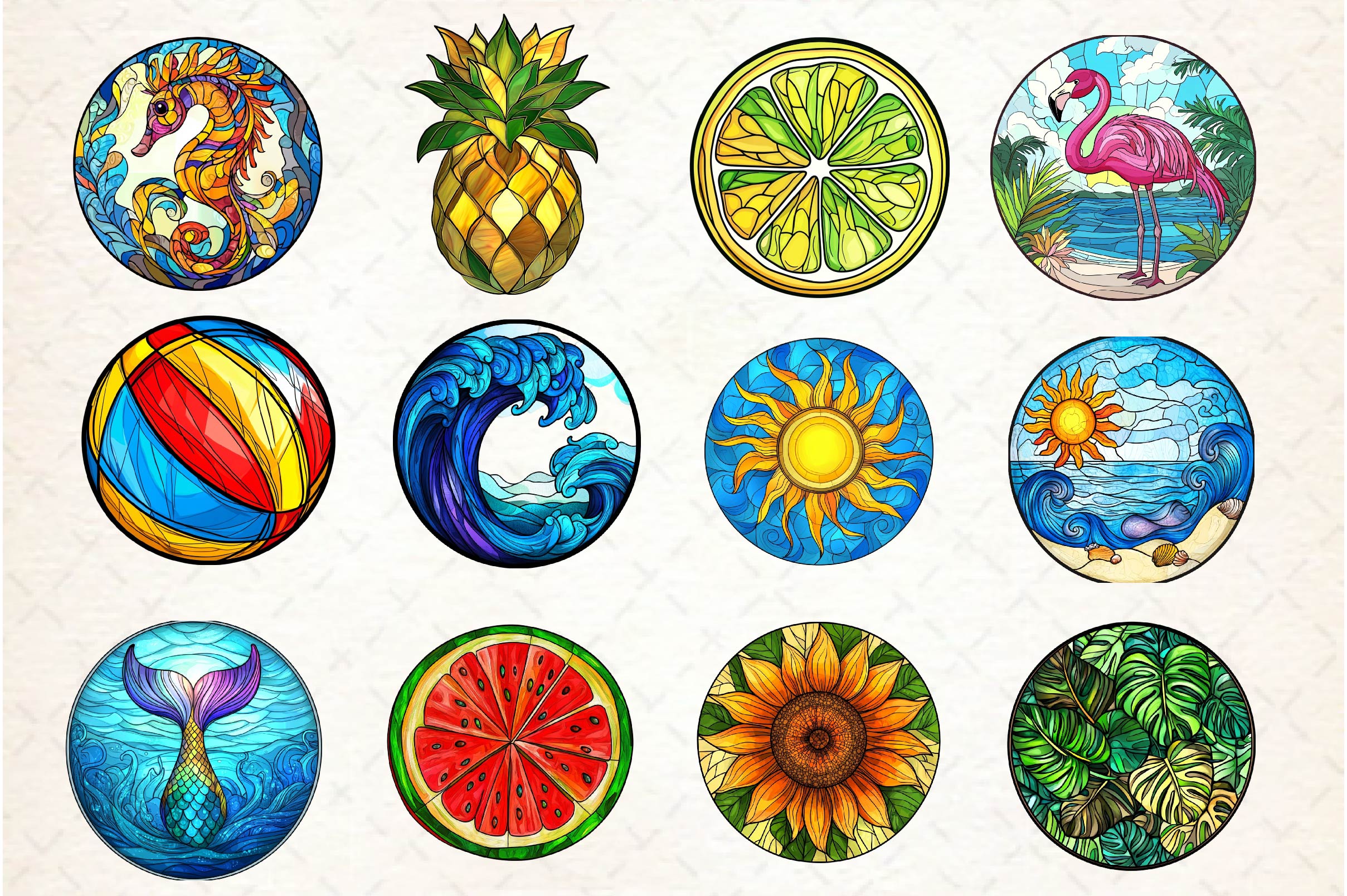 Round Stained Glass Summer Clipart Bundle 1 - CraftNest - Digital Crafting and Art
