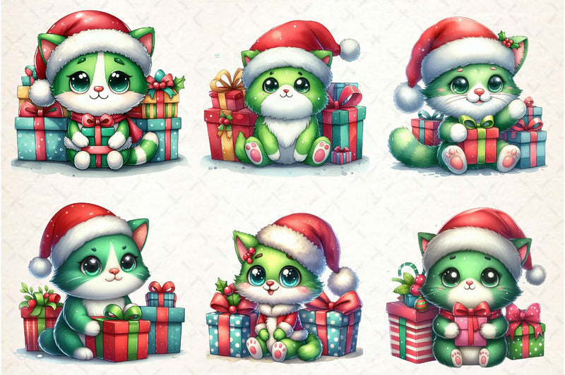 Cute Green Christmas Cat Clipart Bundle - CraftNest - Digital Crafting and Art