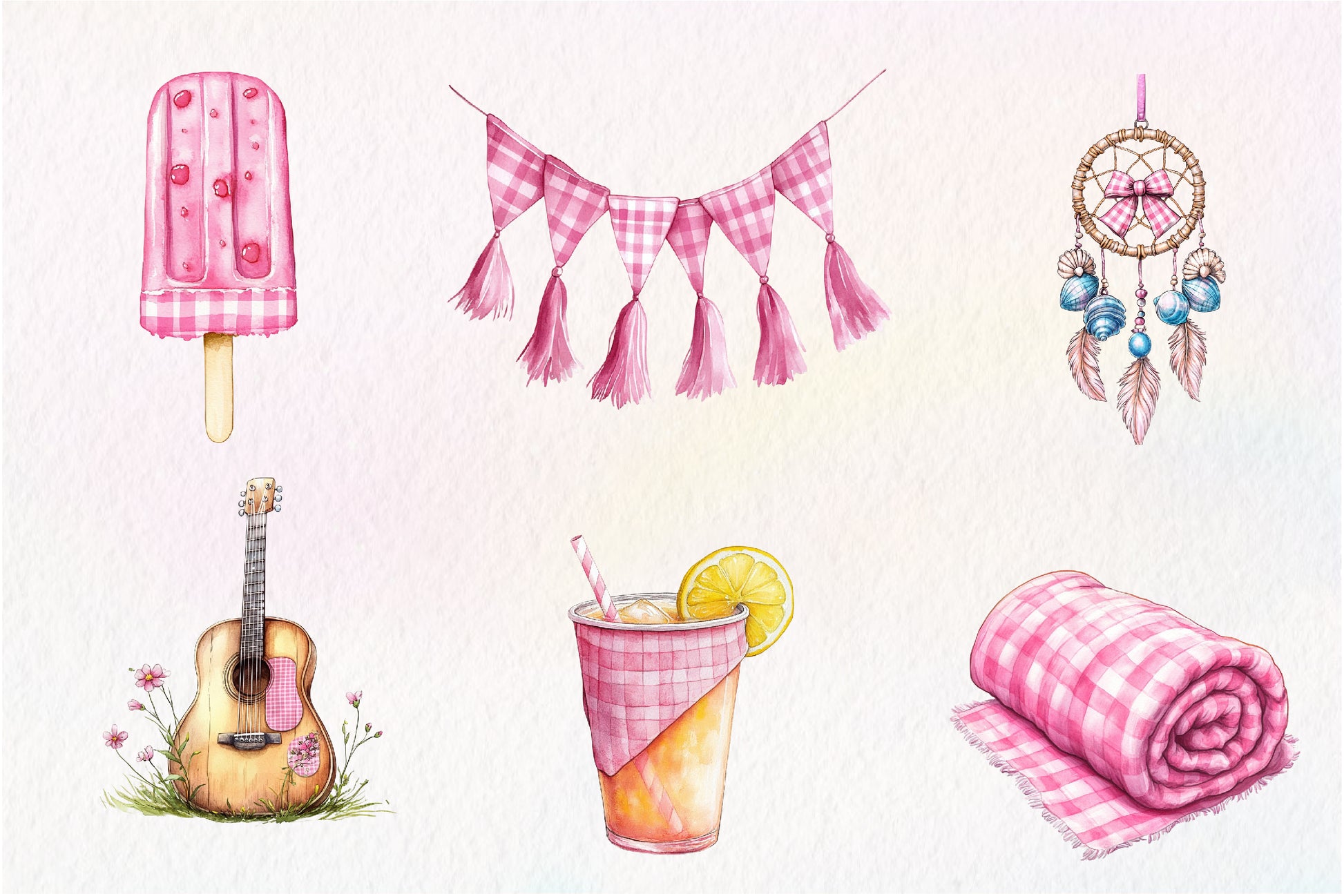 Bohemian Pink Gingham Summer Clipart Bundle - CraftNest - Digital Crafting and Art