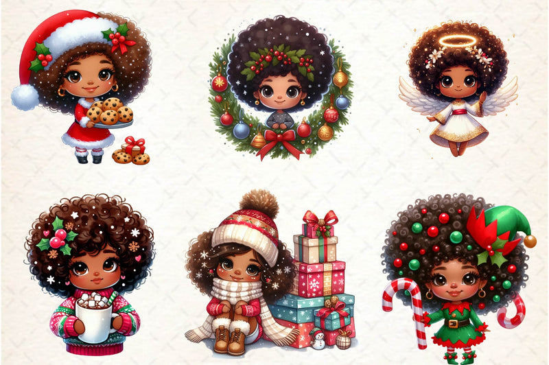 Christmas Afro Chibi Girls Clipart Bundle - CraftNest - Digital Crafting and Art