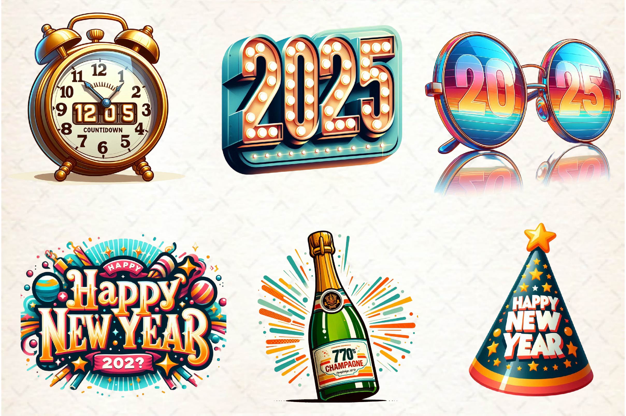 Retro New Year Clipart Bundle - CraftNest - Digital Crafting and Art