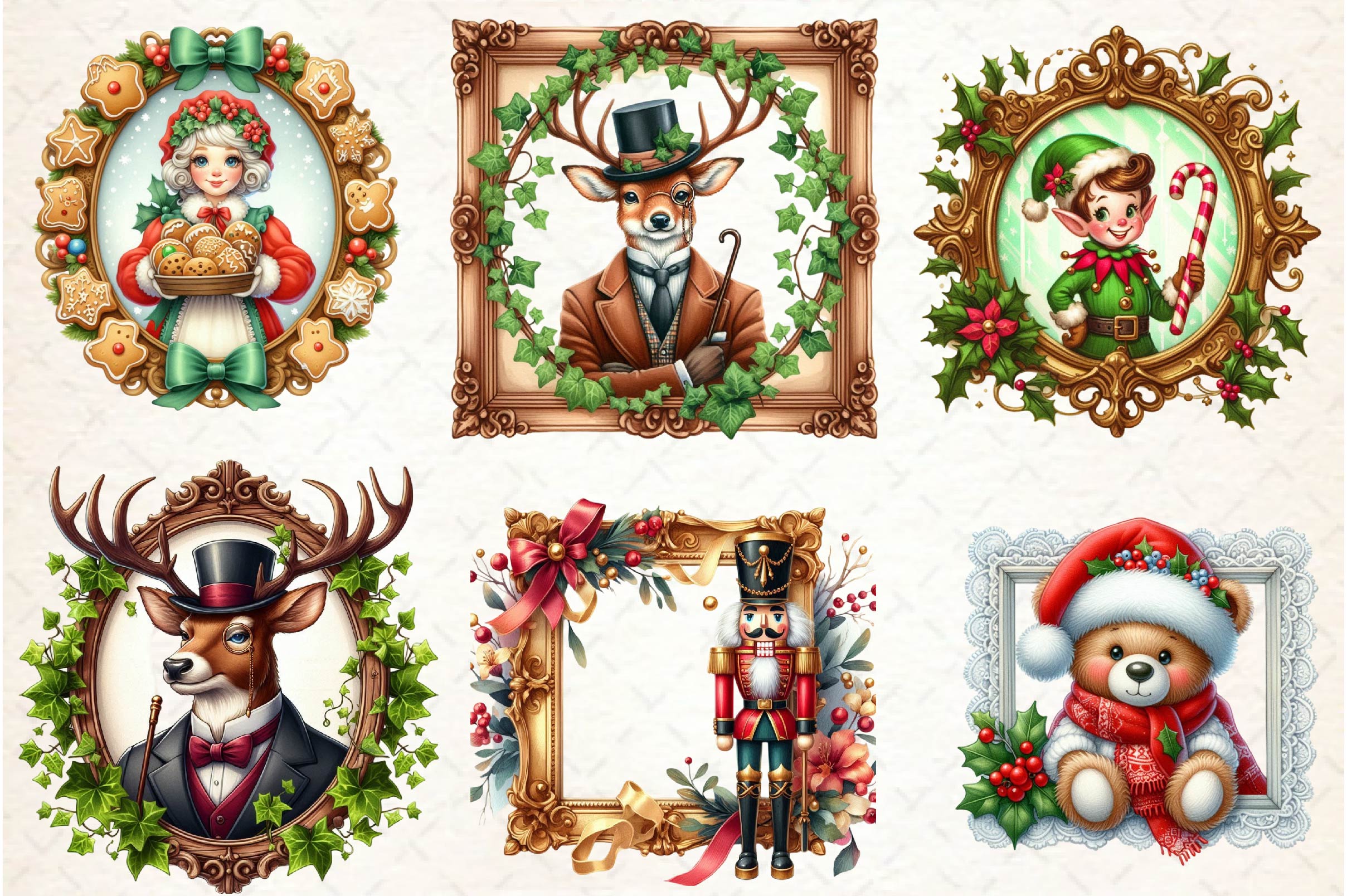 Vintage Christmas Framed Character Clipart Bundle - CraftNest - Digital Crafting and Art