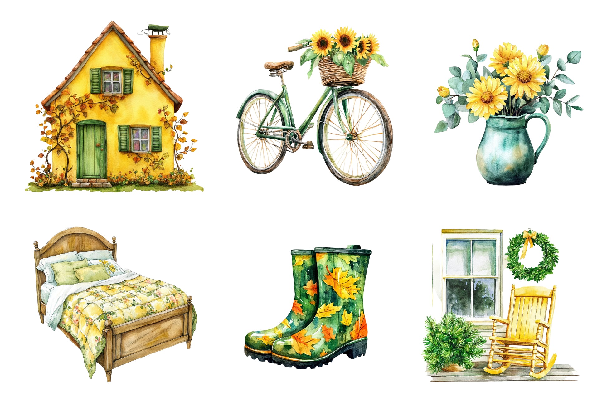 Yellow & Green Autumn Cottage Clipart Bundle - CraftNest - Digital Crafting and Art