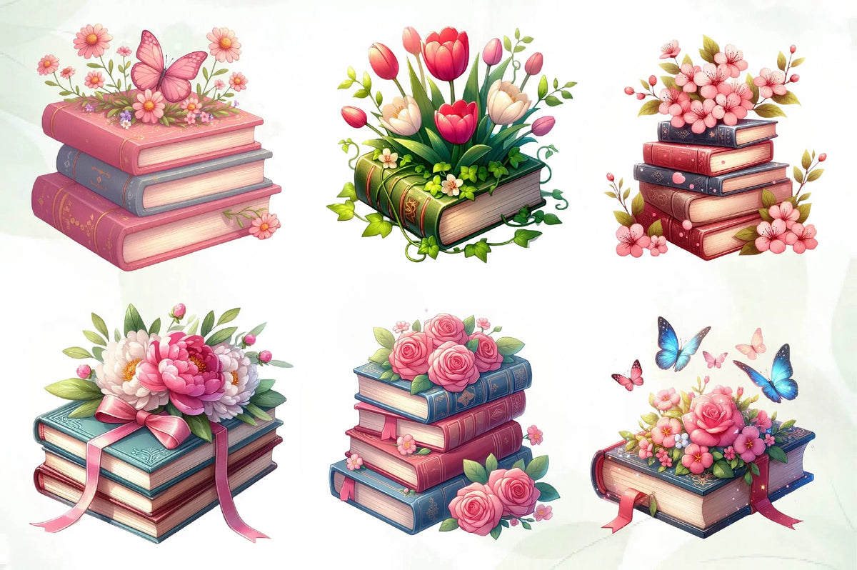 Spring Book Stack Spring Floral Book Stack Clipart Bundle
