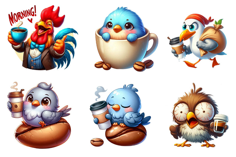 Funny Cartoon Caffeinated Quirky Bird Clipart Bundle - CraftNest - Digital Crafting and Art