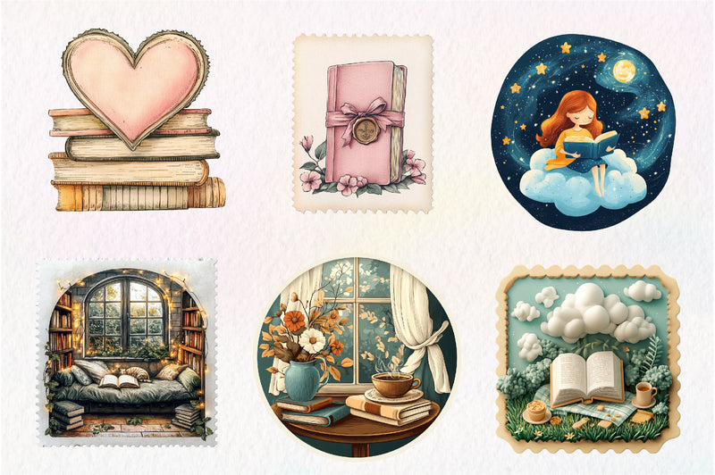 Reading Books Postage Stamp Clipart Bundle - CraftNest - Digital Crafting and Art