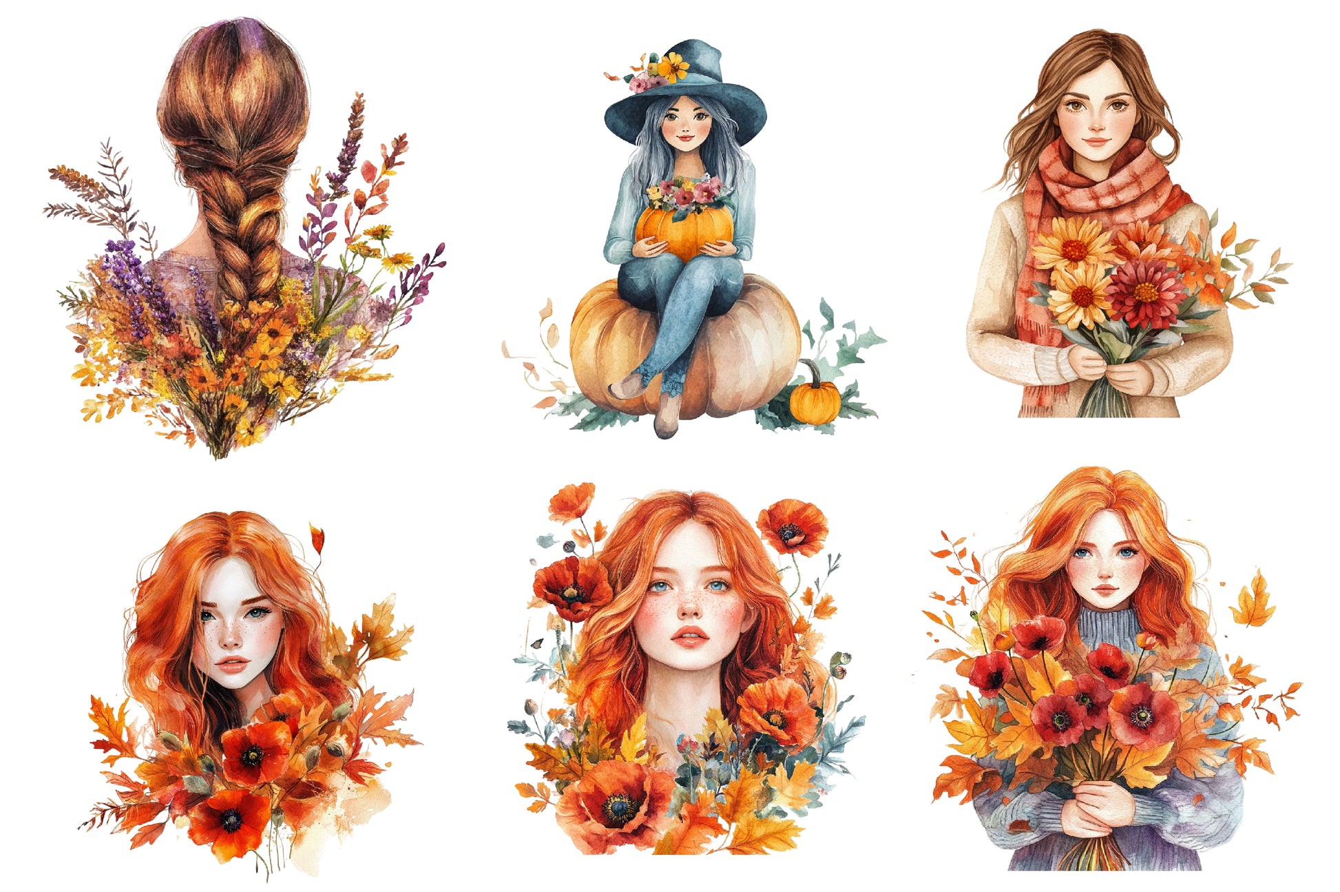 Girls With Fall Flowers Clipart Bundle - CraftNest - Digital Crafting and Art