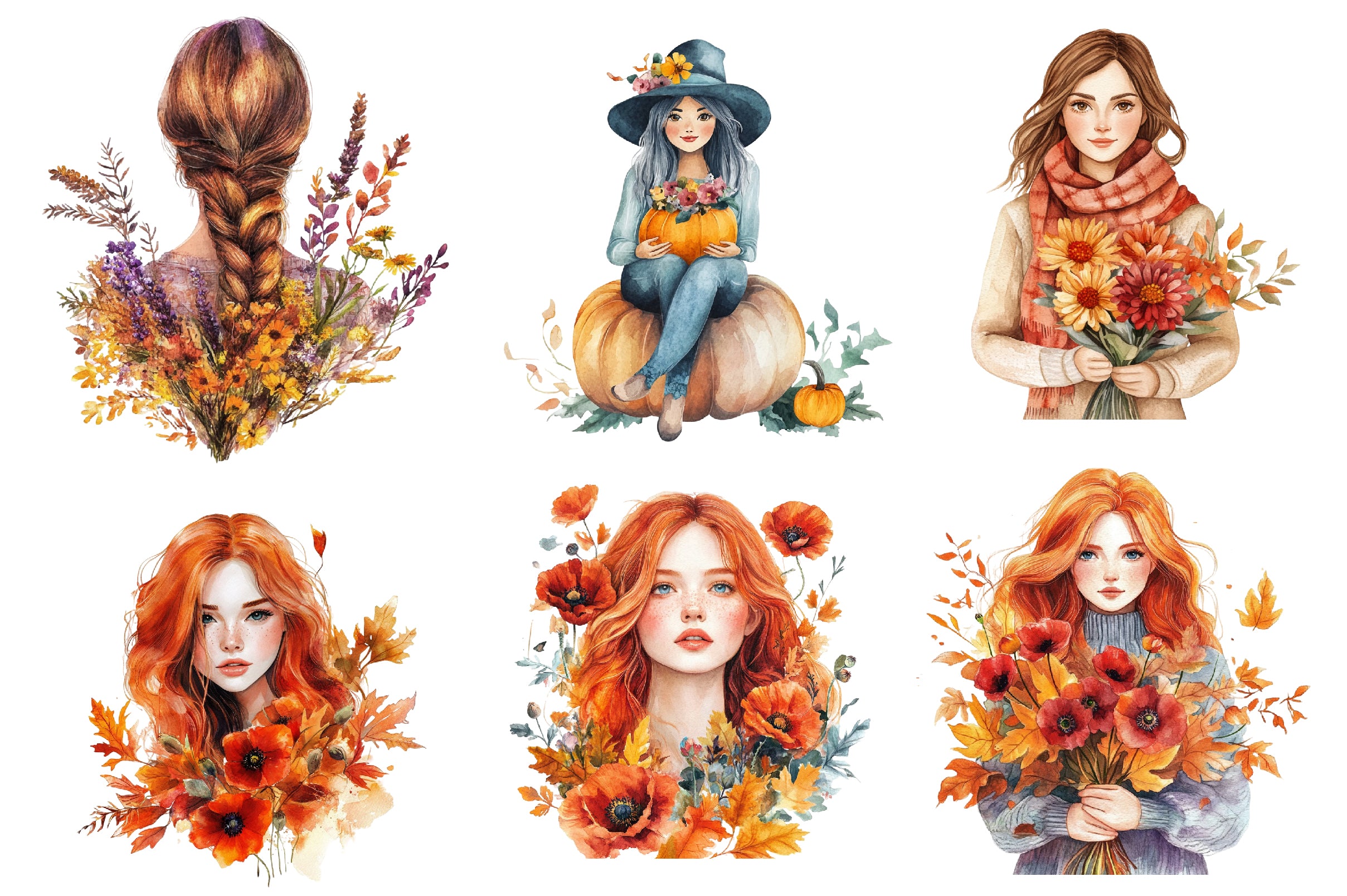 Girls With Fall Flowers Clipart Bundle - CraftNest - Digital Crafting and Art
