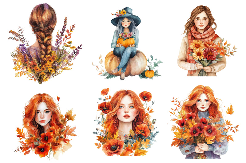 Girls With Fall Flowers Clipart Bundle - CraftNest - Digital Crafting and Art