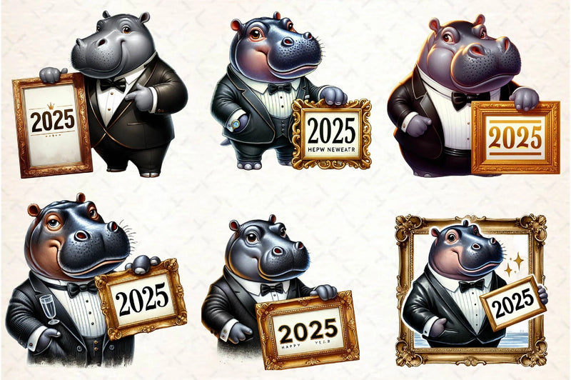 Hippo Happy New Year 2025 Clipart Bundle - CraftNest - Digital Crafting and Art