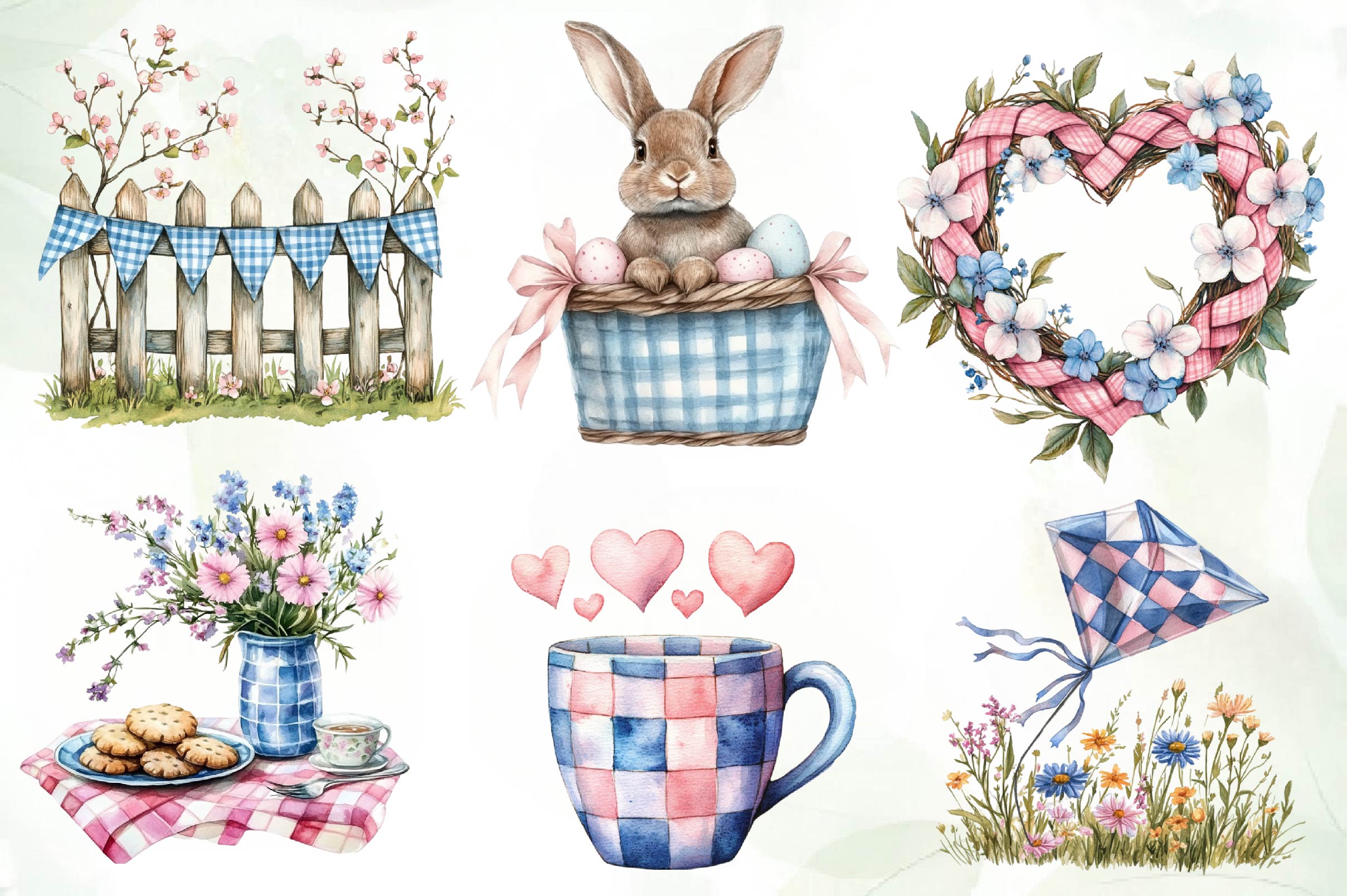 Blue & Pink Gingham Spring Clipart Bundle - CraftNest - Digital Crafting and Art