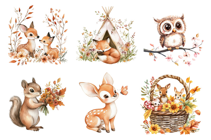 Boho Woodland Baby Floral Animals Clipart Bundle - CraftNest - Digital Crafting and Art