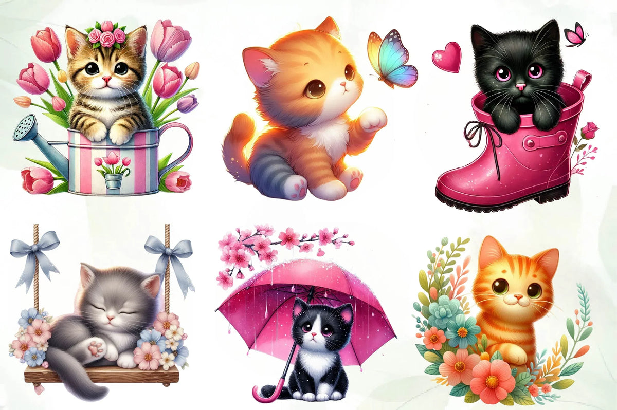 Spring Cat Stickers Spring Cat Clipart Bundle