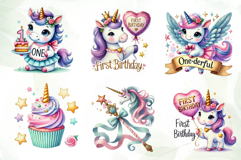 Unicorn First Birthday Party Clipart Bundle - CraftNest - Digital Crafting and Art